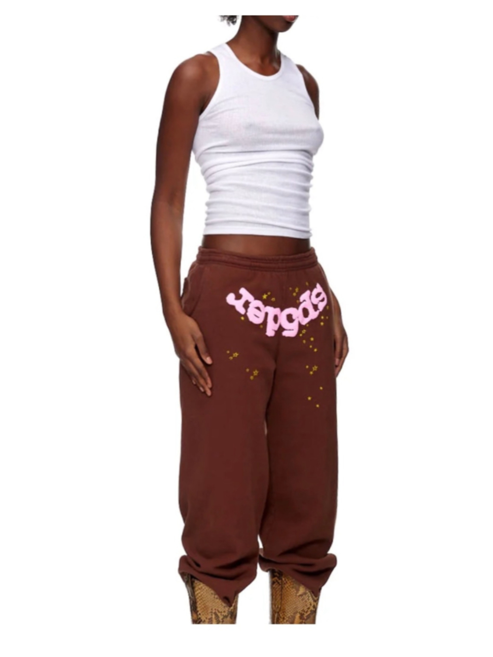 Sp5der Joggers Size S Brown Pink Star Graphic Sweatpants